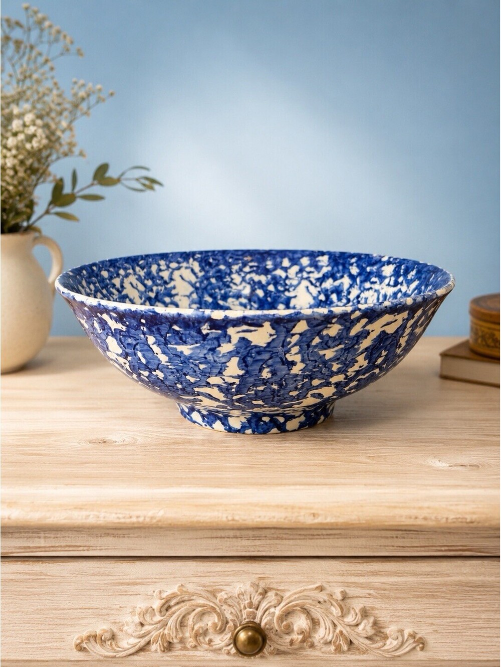 Pier 1 Imports Italy 1990s Bowl Blue White Spongeware Ceramic, 9.5x3.5" AS IS